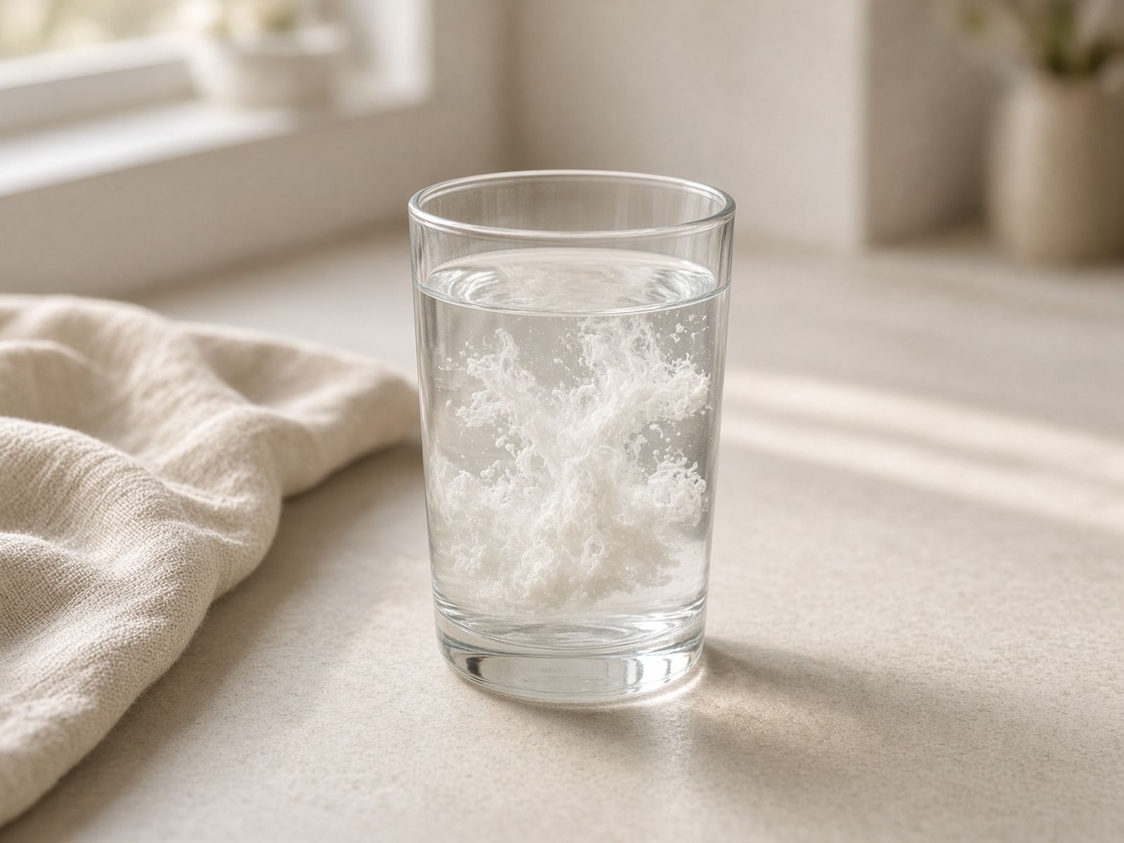 Creatine monohydrate dissolving in a glass of water