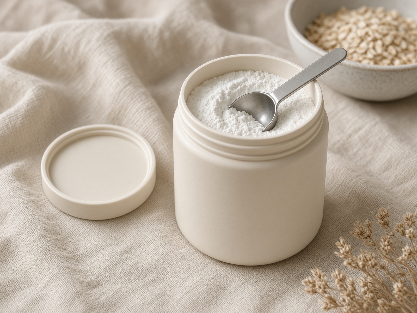 Open tub of micronized creatine with scoop