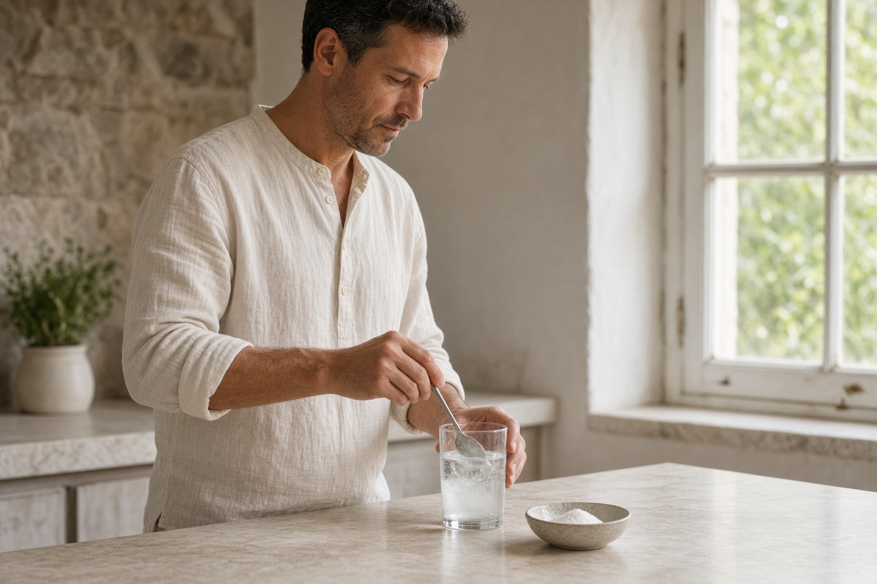 Mixing creatine into a glass of water in the morning kitchen