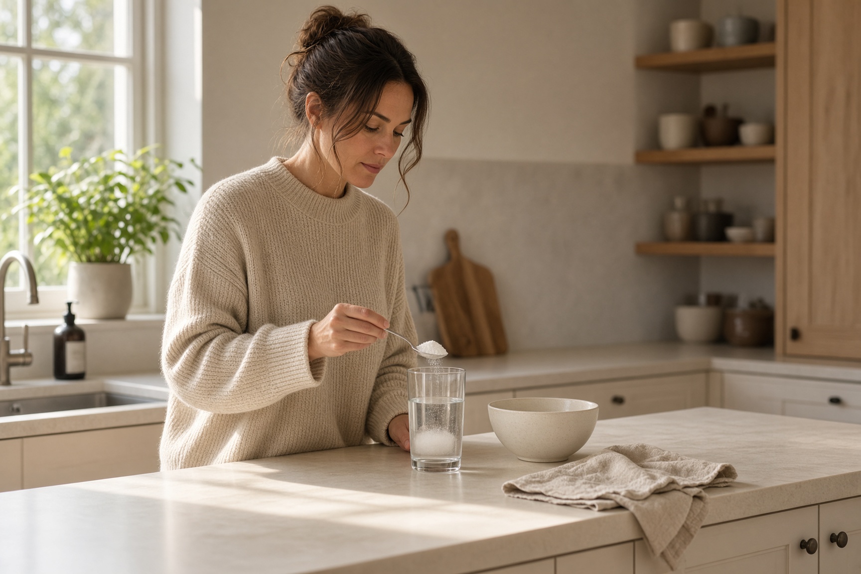 Taking creatine in a quiet kitchen