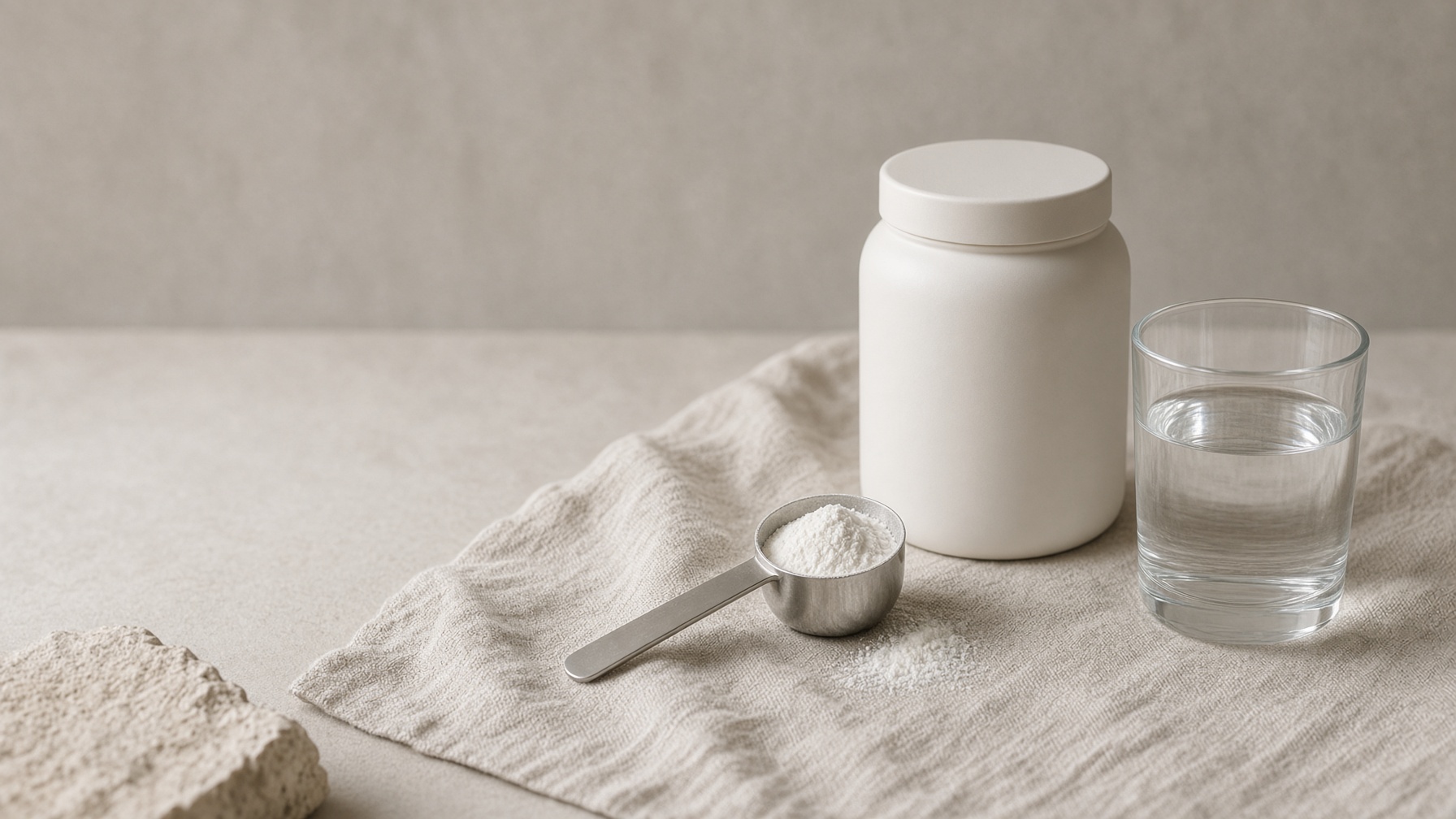 Creatine jar, scoop, and glass on linen